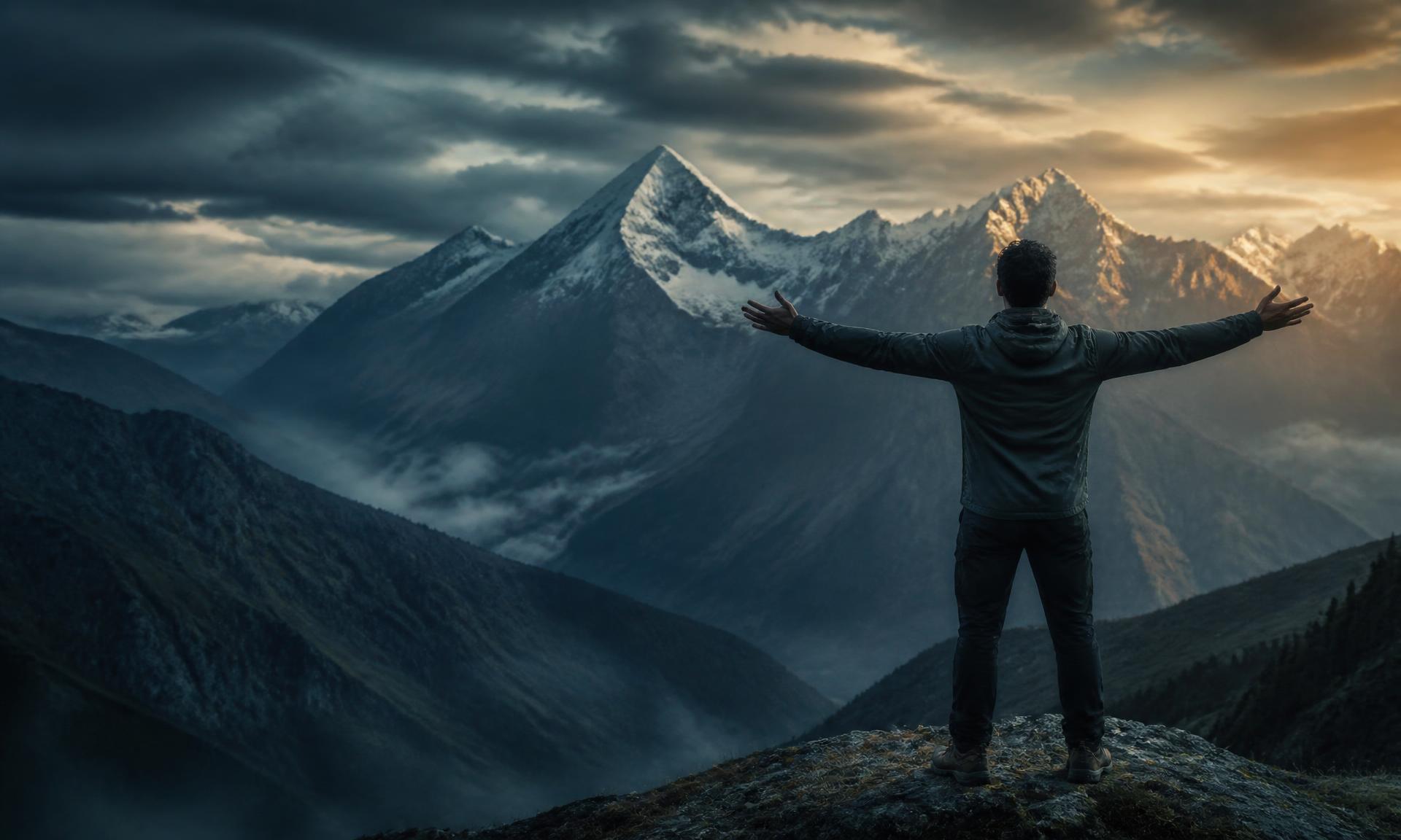 Man with arms open overlooking a mountain range at dawn